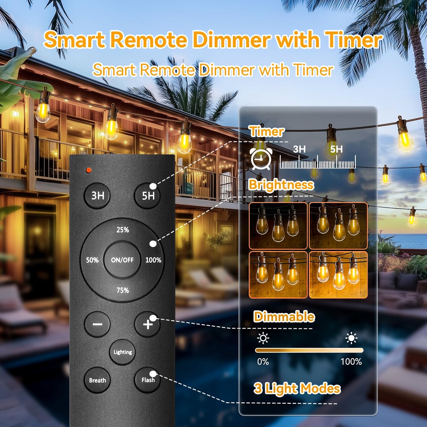 TBOSW Outdoor String Lights - 30M/100ft LED Patio Lights with Remote Control, IP65 Waterproof, Model CMC-O28XA