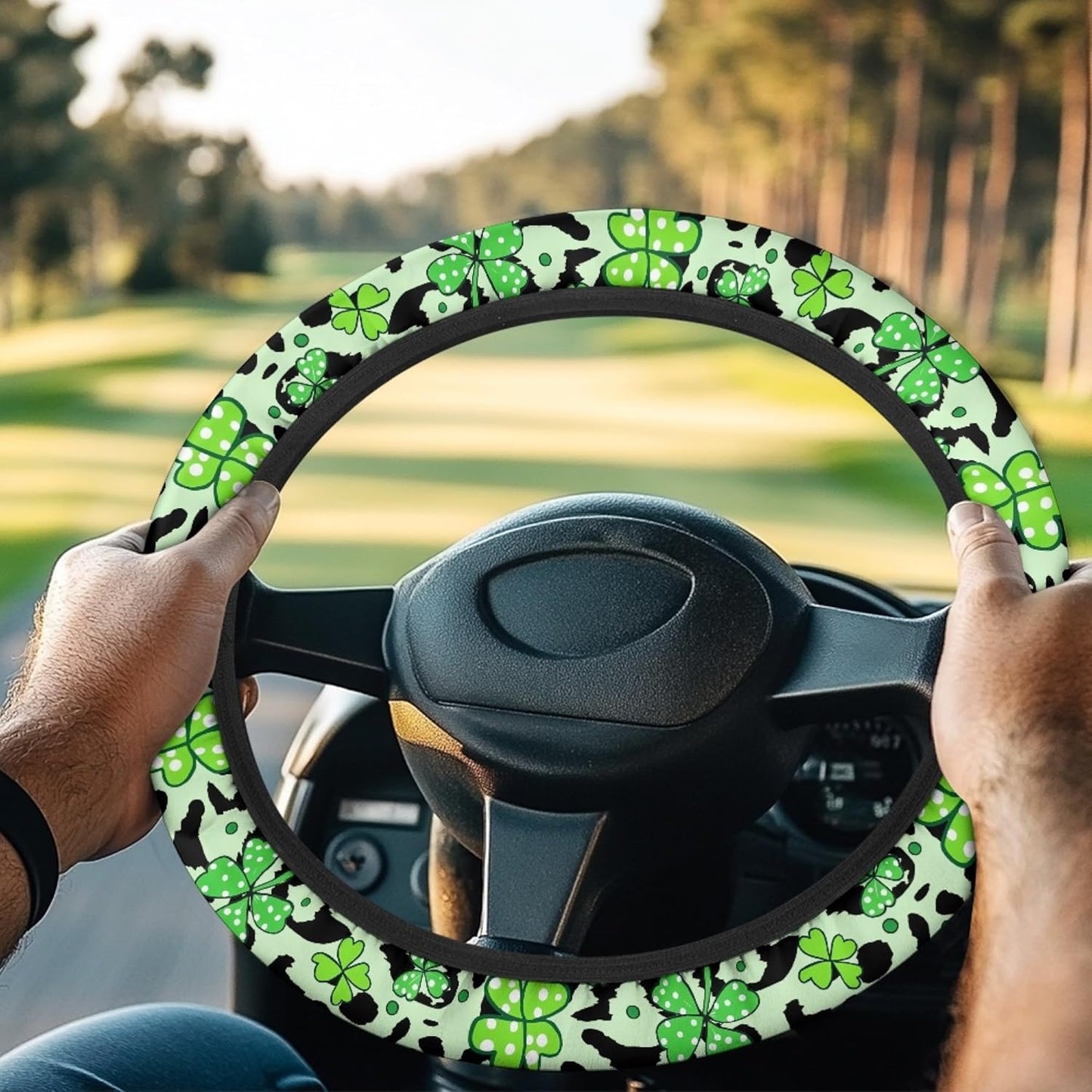 St. Patrick's Day Green Leaves Golf Cart Steering Wheel Cover, Polyester, 13-14 Inch, Universal Fit, Boat & Golf Cart