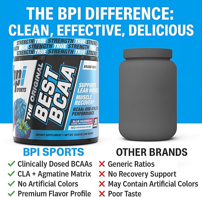 BPI Sports BEST BCAA - BCAA Powder Post Workout Sports Drink with Branched Chain Amino Acids for Hydration & Recovery, for Men & Women - Blue Raspberry - 30 Servings