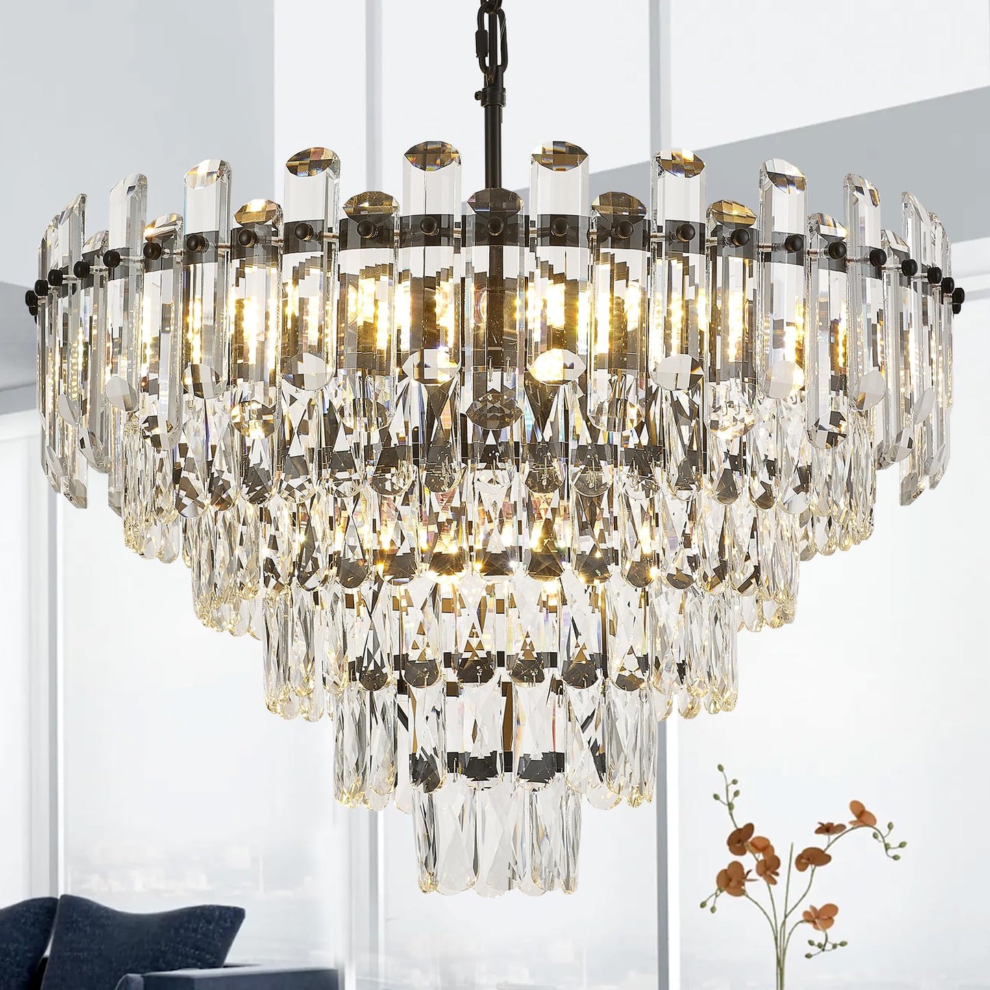 Brfaixla 6-Tiers Modern Crystal Chandelier Black 12-Light 23.6 Contemporary Round Pendant Chandeliers Light stylish Ceiling Hanging Lighting For Living Dining Room Bedroom Kitchen Island Foyer