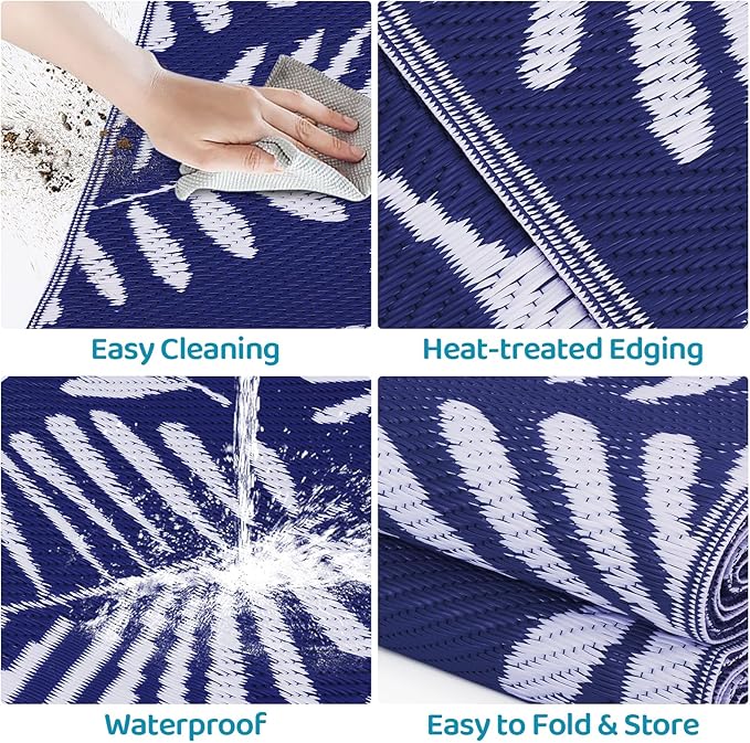 StepRite Outdoor Rug, Patio Rug, Plastic Straw Camping Rugs, Large Waterproof Area Rug and Mat for Outdoors, RV, Patio, Backyard, Deck, Porch, Beach, Balcony, (4'x 6', White & Blue)