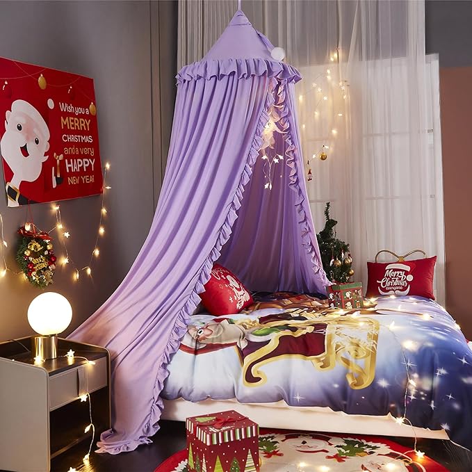 VETHIN Bed Canopy for Girls Kids,Princess Round Dome Children Dreamy Mosquito Net Bedding Girls Room Castle Play Tent Hanging House Decor Reading Nook Canopies (Purple)