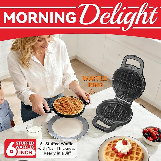 6" Stuffed Waffle Maker Rotating, Flip Waffles Maker Machine with Removable Waffle Ring, Ceramic Coated Belgian Waffle Maker for Kids, Waflera Electrica, Waffle Iron, Graphite