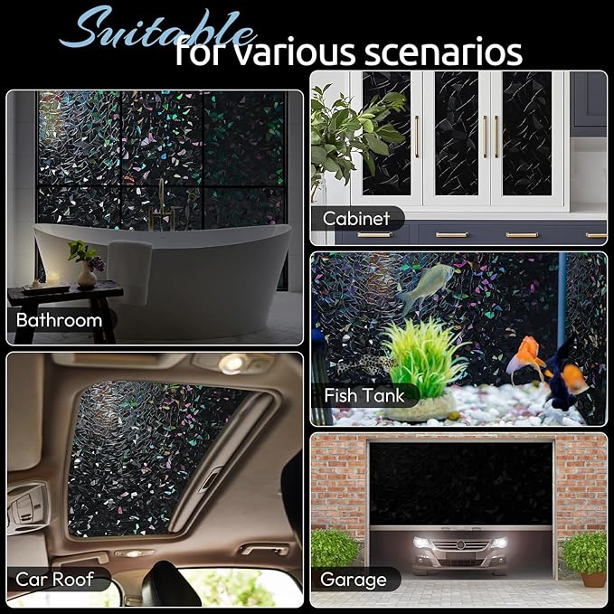 rabbitgoo Window Privacy Film Rainbow Film Decorative Window Sticker, 3D Static Stained Glass Cling Tint for Room Darkening Day Sleep, Black, 29.5 x 118.1 inches