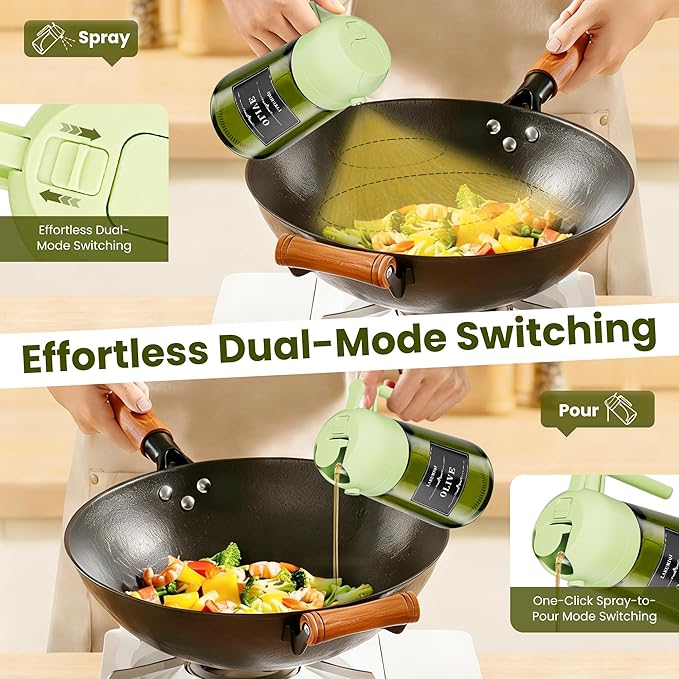 2 in 1 Oil Sprayer for Cooking 16oz, Green Light-Blocking Glass Olive Oil Dispenser Bottle, Food-Grade Oil Mister with 8 Stickers for Kitchen Salad Frying