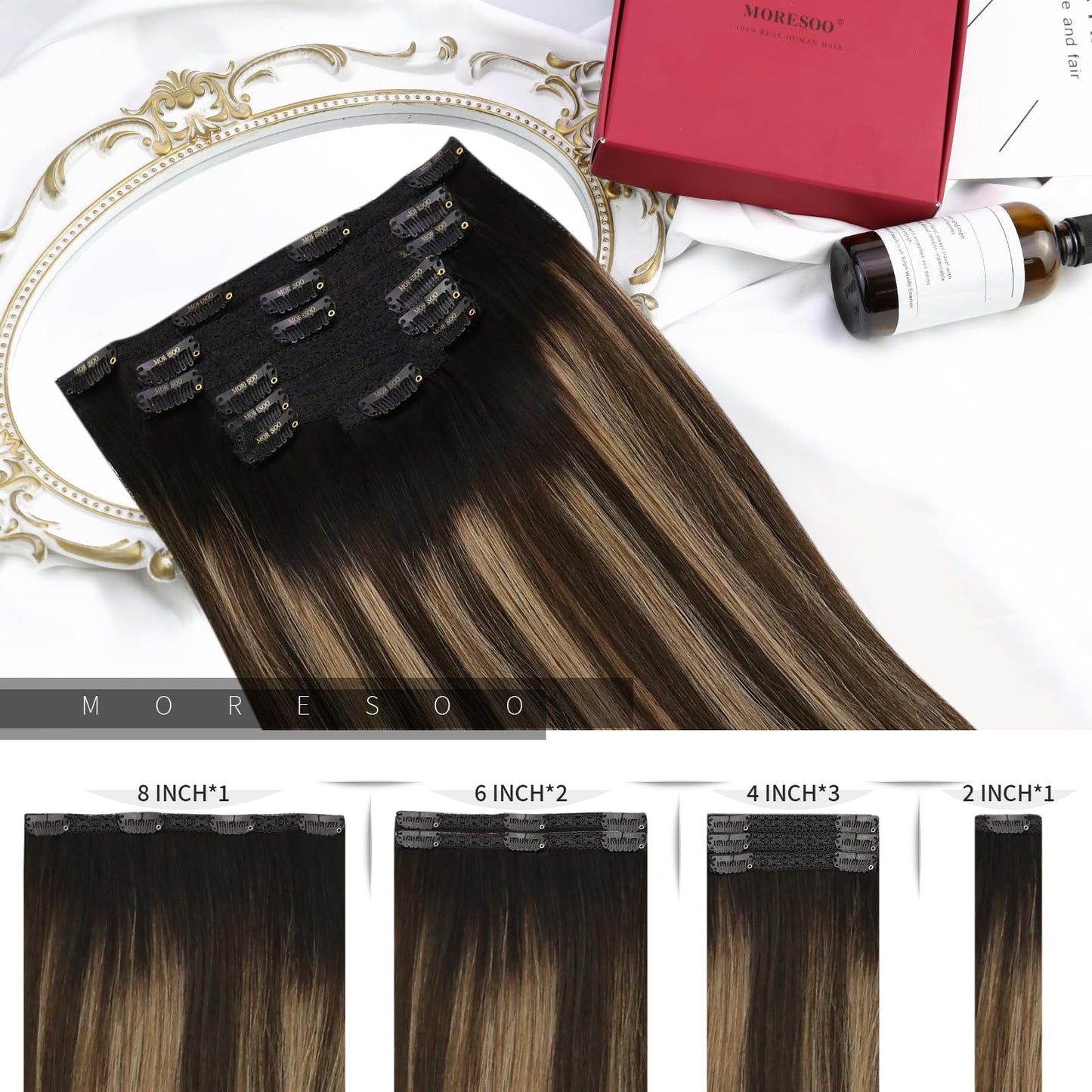 Moresoo Clip in Human Hair Extensions Balayage Straight Thick Double Weft Clip in Hair Extensions Ombre Off Black to Dark Brown