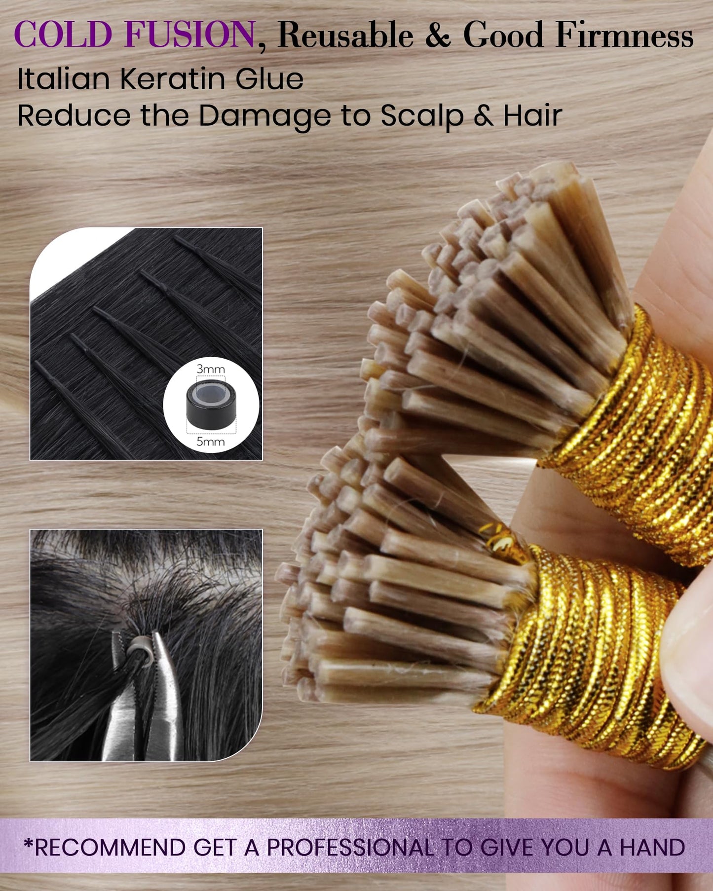LaaVoo Itip Human Hair Extensions Blonde I Tips Hair Extensions Real Human Hair Ash Blonde Highlighted Bleach Blonde Soft 60s Re