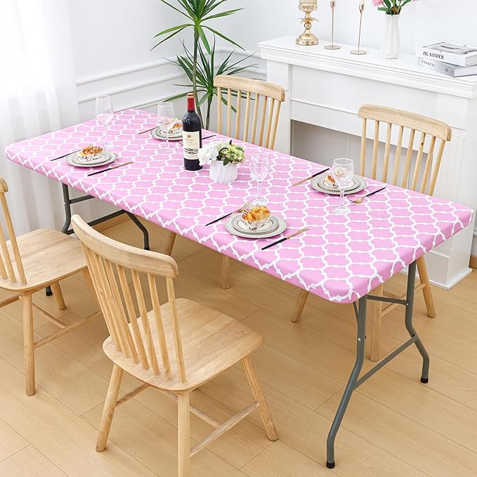Smiry Rectangle Picnic Table Cover, Waterproof Elastic Fitted Camping Tablecloths for 8 Foot Tables, Wipeable Flannel Backed Vinyl Tablecloth Protector for Indoor, Outdoor (Pink, 30x96 Inches)