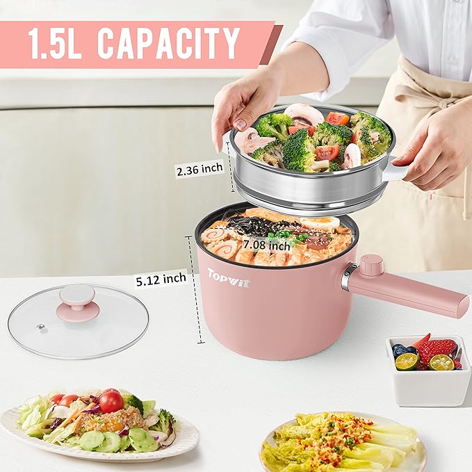 Topwit Hot Pot Electric with Steamer, 1.5L Ramen Cooker, Non-Stick Sauté Pan, Portable Cooking Pot, Electric Cooker with Dual Power Control, BPA Free, Over-Heating & Boil Dry Protection, Pink