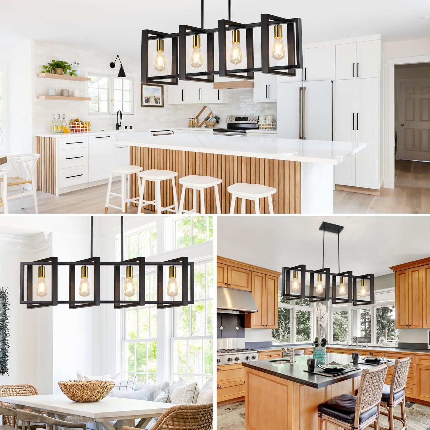 Brightever 4-Light Wood Chandelier, Modern Black Gold Pendant Light Fixture, 53? for Dining Room, E26 Sockets