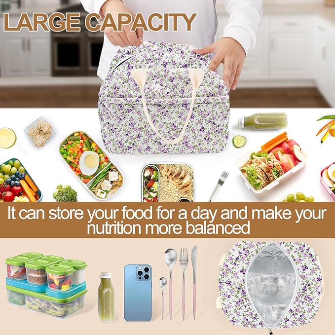 Cotton Quilted Insulated Lunch Bag, Cute Quilted Floral Lunch Tote Bags Reusable Insulated Lunch Box Coquette Aesthetic Large Capacity Insulated Cooler for Women Work Travel Picnic (Purple)