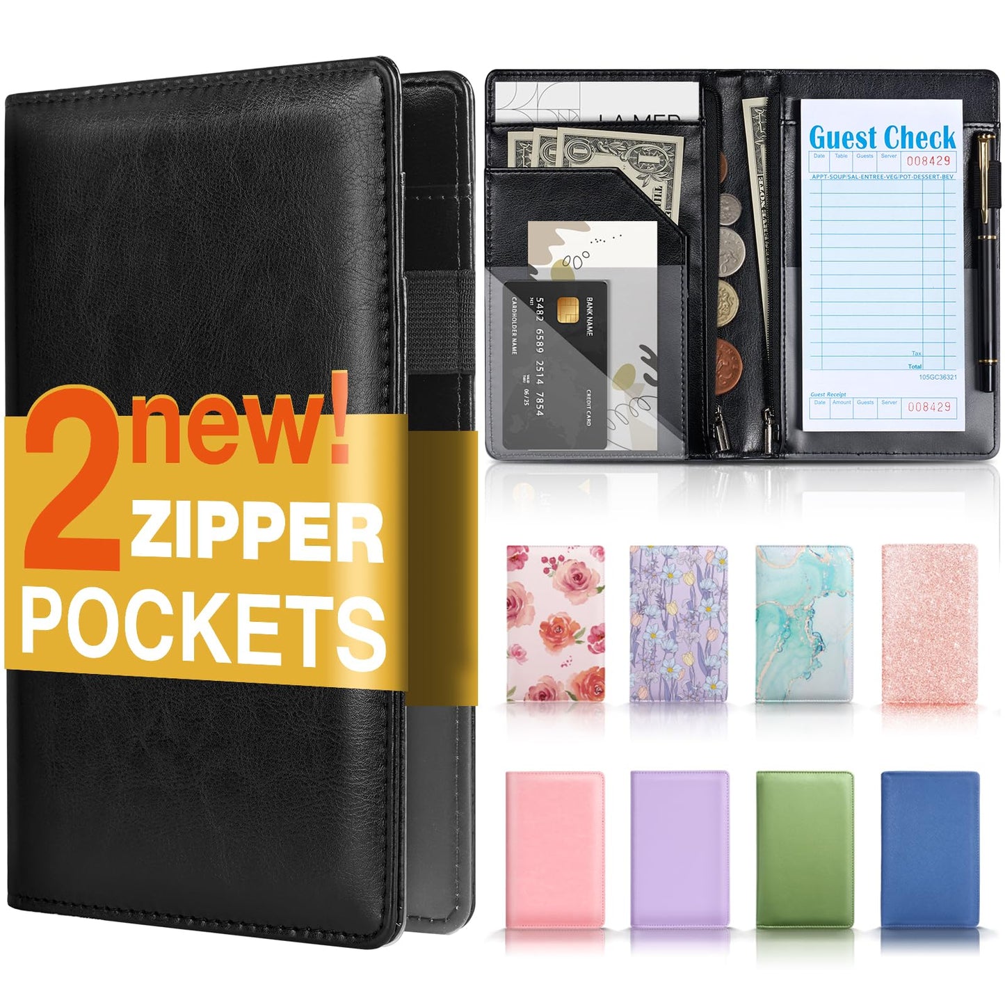Forvencer Server Book, 2 Zipper Pocket, Server Books for Waitress, Waitress Book for Servers, Fits Waitress Apron, Guest Book, Waitress Accessories, Serving Book,Receipt Holder, Black