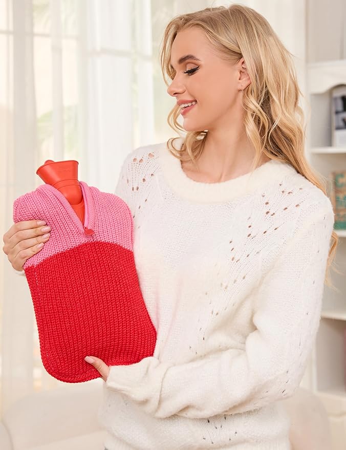 Peterpan Knit Rubber Hot Water Bottle with Wool Blend Cover, Size: XXX-Large, Hot Water Bottles for Pain Relief, BPA & PVC Free, 100 Fl Oz Capacity, Original, Wool Blend Hot Water Bottle, Pink & Red