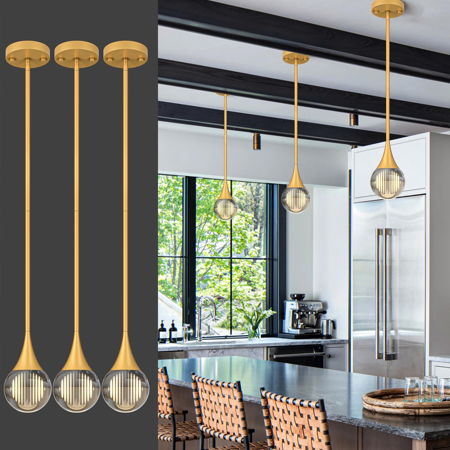 3-Pendant Lights Kitchen Island  discomfort-reducingted Gold Globe Crystal Ceiling Hanging Light Fxitures  Led Light Fixtures Metal Rod Ceiling Glass Pendant Lighting For Kitchen Island Dining Room Bar