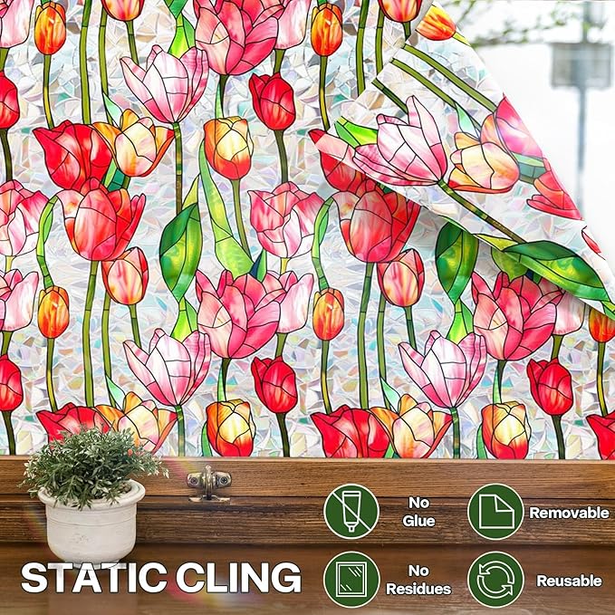 Stained Glass Window Film UV Resistant Window Privacy Film Red Floral Privacy Rainbow Decals Living Room Bedroom Sun Blocking Decor Removable Static Cling Stickers 17 x 39.37 Inch