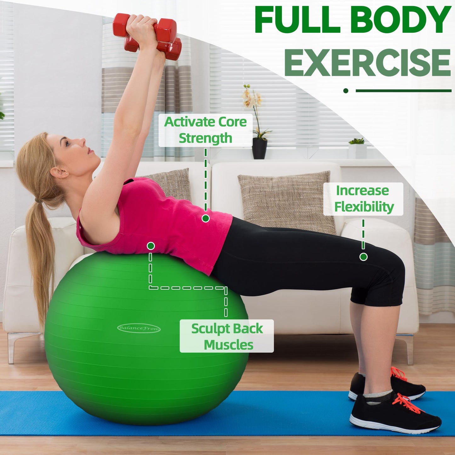 Fitvids Anti-Burst Slip Resistant Exercise Ball with Quick Pump, 2,000-Pound Capacity, Green, 30-inch, XL