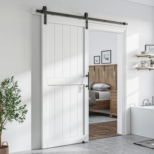 SmartStandard 38 x 84 inch White Sliding MDF Barn Door with 6.6FT Black Sliding Door Hardware Kit & Handle, Pre-Drilled Ready to Assemble, Waterproof PVC Coating, H-Frame