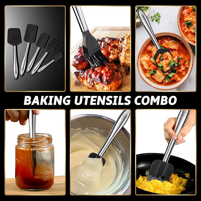 5pcs Silicone Spatula Cooking Utensils Set with Stainless Steel Handles, Premium Heat-Resistant Kitchen Utensils for Baking, Spoonula & Silicone Brush Included, Safe for Nonstick Cookware (Black)