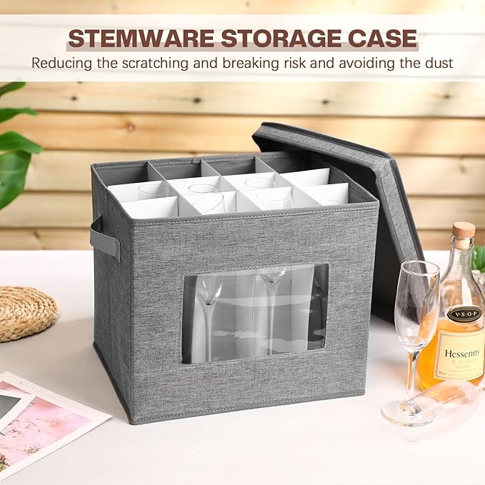 Uiifan 4 Pcs Champagne Flute Storage Box with Dividers 12 Compartment Stemware Storage Cases China Container Box with Lid, Handles, PVC Window for Moving, Gray