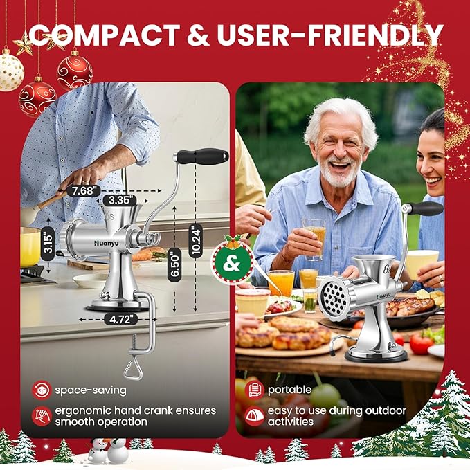 Huanyu Manual Meat Grinder - Heavy Duty Stainless Steel, Effortless Hand Crank for Fresh Ground Beef, Sausages & Pet Food - Compact, Dishwasher Safe - Perfect for Home Restaurant & Outdoor