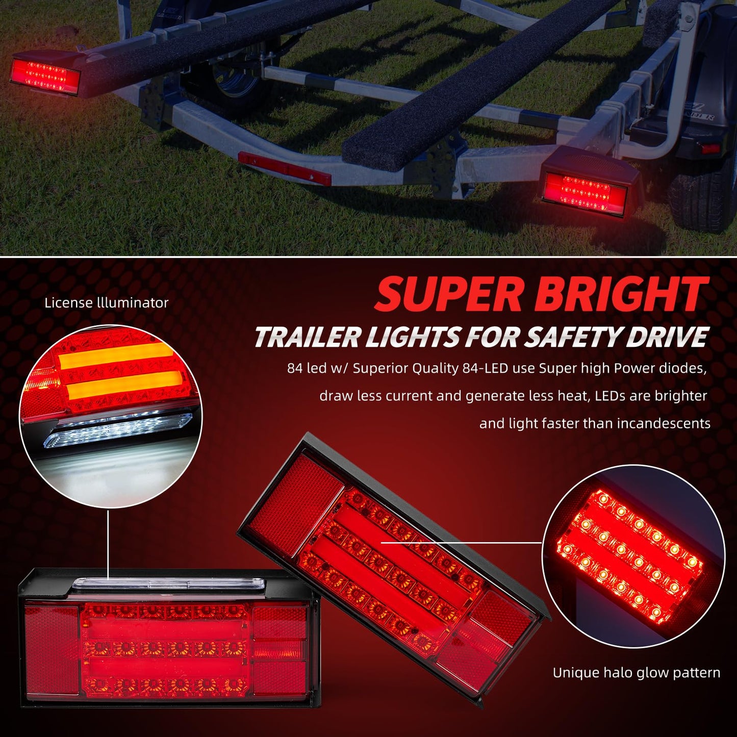 Hifybaty LED Trailer Lights Kit - Submersible Rectangular Tail Lights for Boat Trailer RV Truck - Model HF-TL_Square_01 - Red