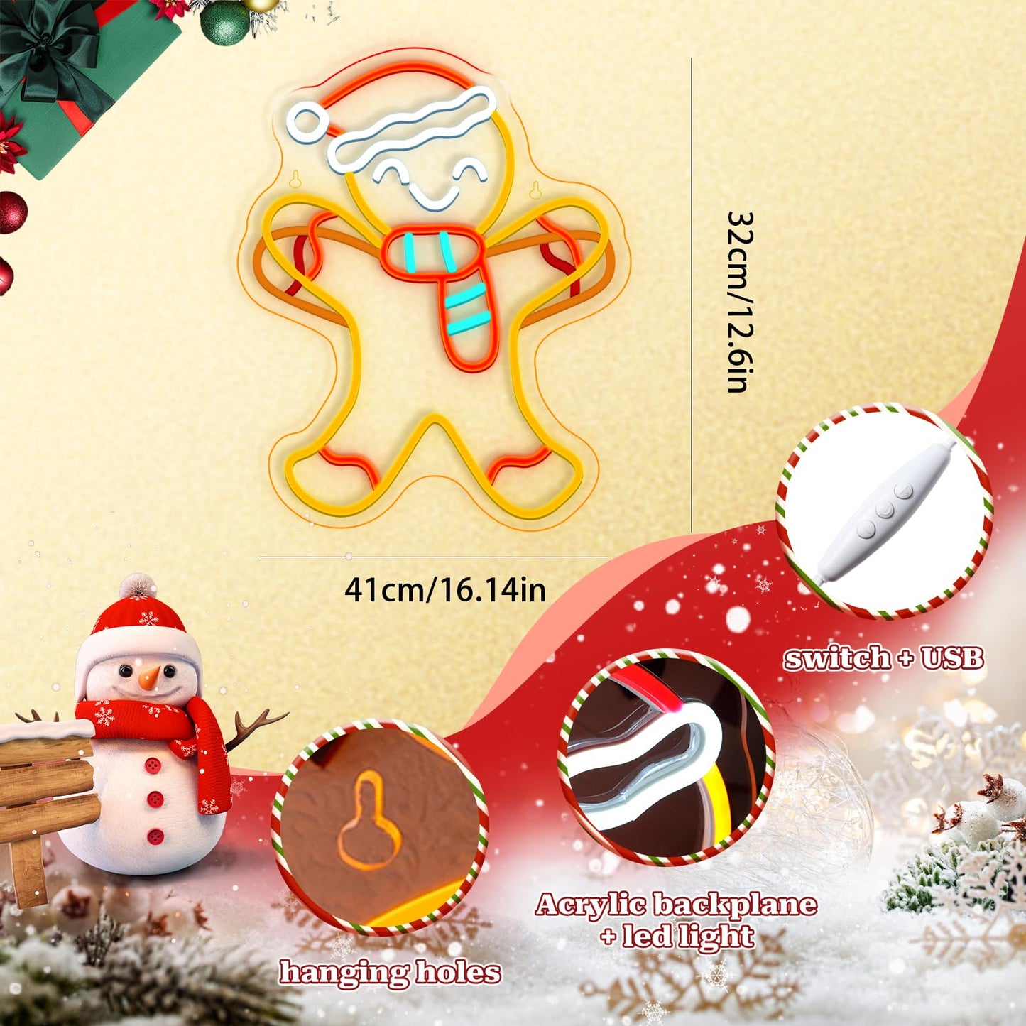 Wlhope Gingerbread Man Neon Sign Santa Hat Neon Signs For Wall Decor Gingerbread Sign Christmas Decorations Led Lights For Party Bar Club Bedroom Living Room Restaurant Shop Gifts