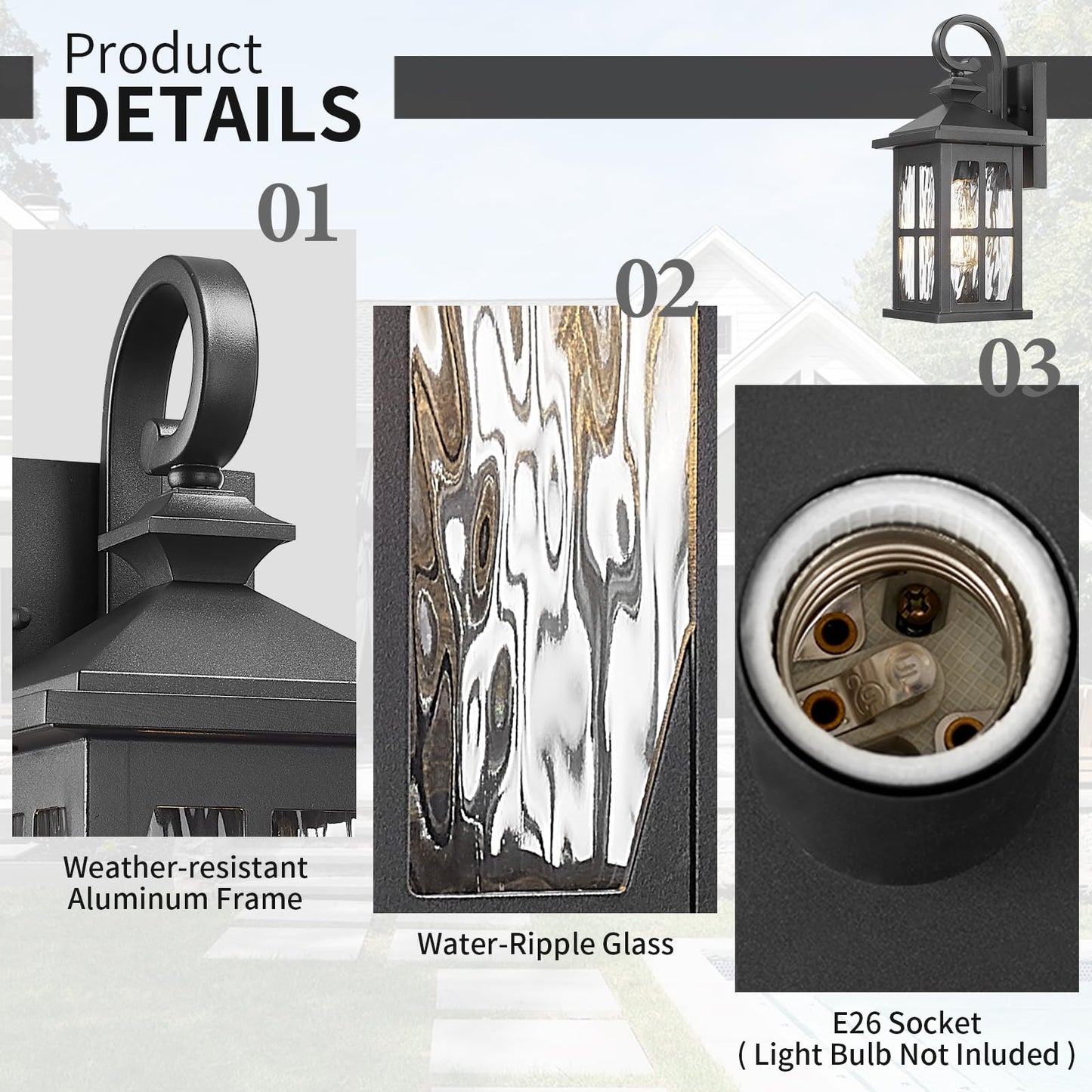 Darkaway Outdoor Light Fixtures Wall Mount  2Pcs Outside Wall Lights Exterior Lighting Fixture With Water Ripple Glass Outdoor Wall Sconce For House Porch Hallway Garage Front Door