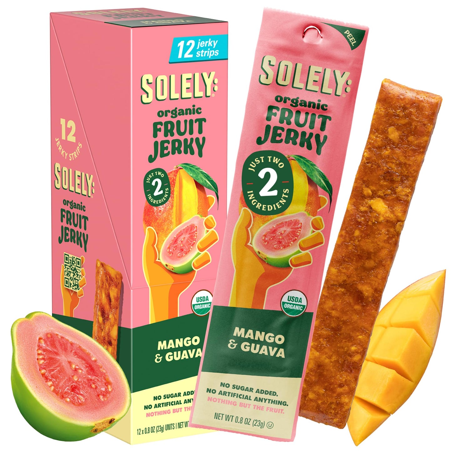 SOLELY - Organic Mango Guava Fruit Jerky - 12 Individually Wrapped Strips (12-Pack) - Fruit Leather Made from Dried Fruit - Heal