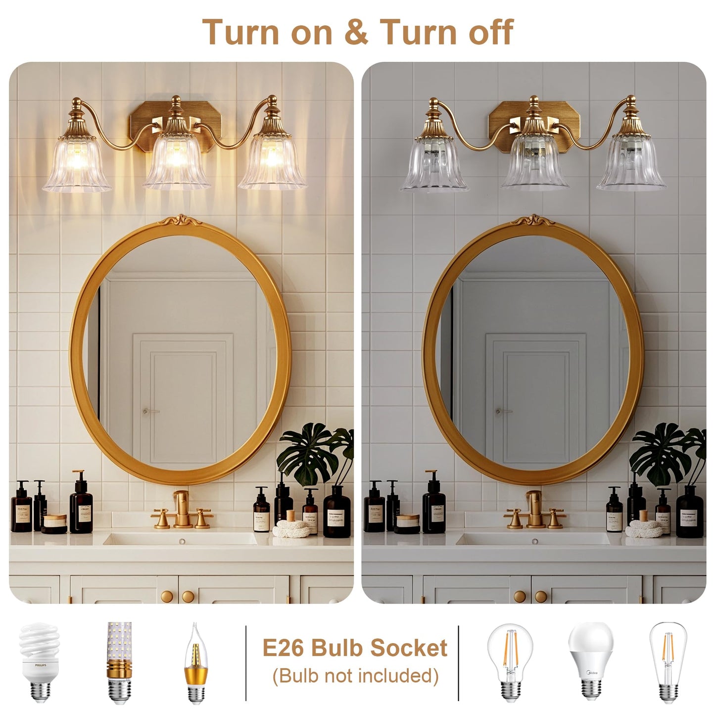 Dvmteom Gold Vintage Bathroom Light Fixtures  3-Lights Bathroom Vanity Light  Antique Brushed Gold Lighting Fixtures Over Mirror With Crystal Glass Shade  Wall Sconce Lighting