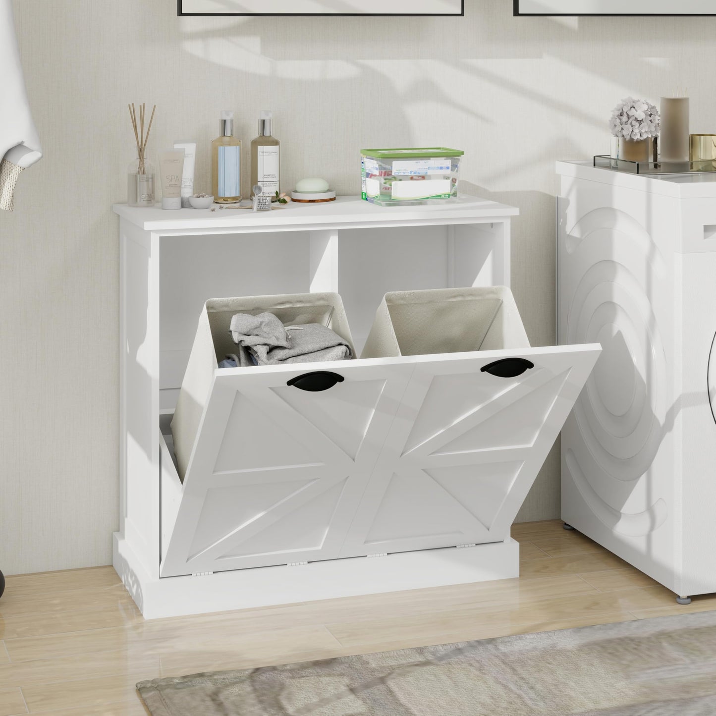 agnixnaf Two-Compartment Tilt-Out Laundry Sorter Cabinet with Removable Cloth Bags,Laundry Room Organization,UV Painting Cabinet for Laundry Room,Bathroom,Utility Room-White