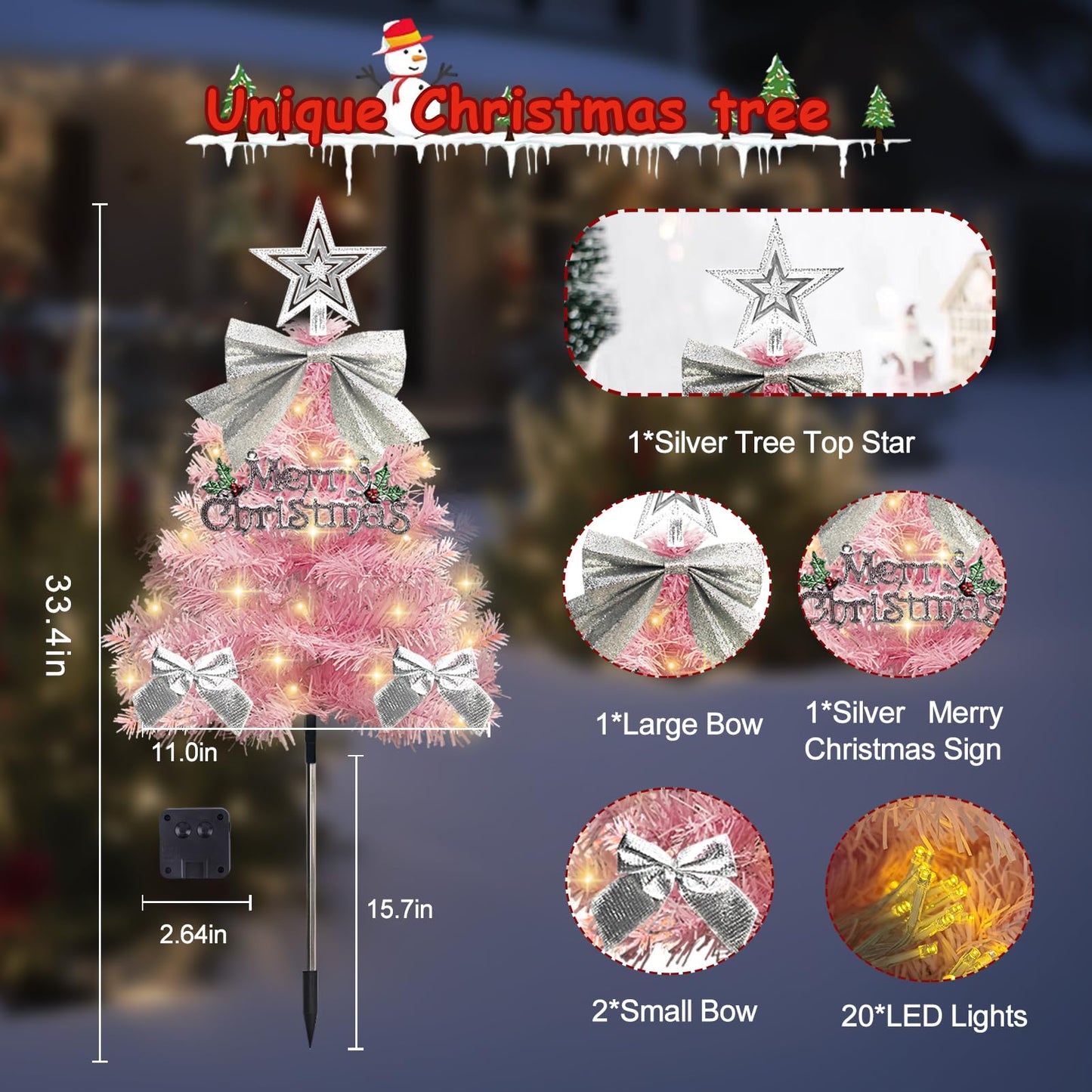 4 Pack Christmas Tree Solar Pathway Lights Outdoor Decorations  Waterproof Artificial Mini Xmas Tree Stake Lights With Diy Ornamets For Garden Yard Porch Decor (Pink Tree)