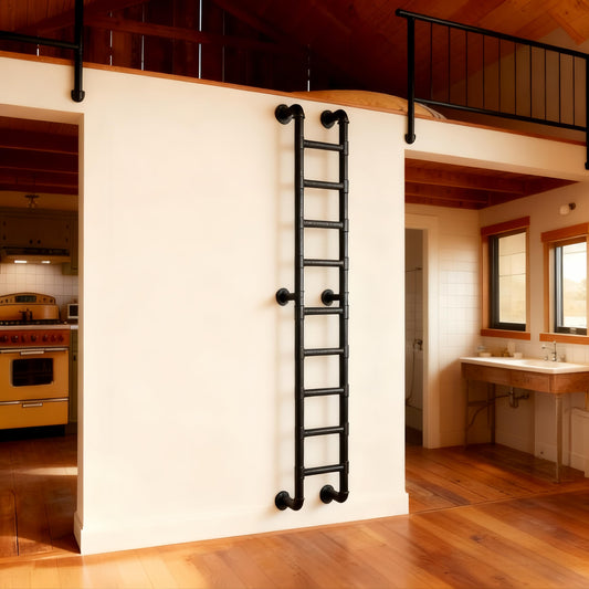 10 Rung Wall Mounted Ladder Heavy Duty 450lbs Capacity, 10FT Steel Pipe Fire Escape Ladder for Egress Window & Basement, Industrial Wall/Floor-Mounted Loft