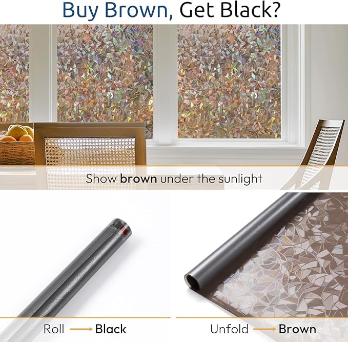 rabbitgoo Window Privacy Film Rainbow Film Decorative Window Sticker, 3D Static Stained Glass Cling Tint for Home Heat Control Non-Adhesive, Brown, 17.5 x 78.7 inches