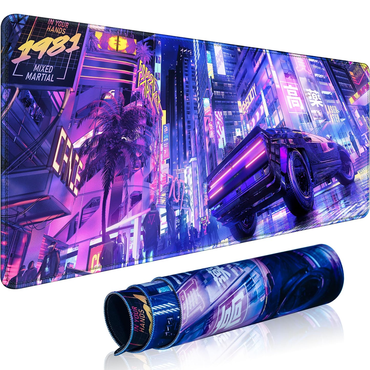 KMLVILE Anime City Gaming Desk Pad for Keyboard, XL Size, Stitched Edges, Anti-Slip Base, Waterproof, Big Mouse Pad for Gamer Office & Home (Purple, 31.5" x 11.8")