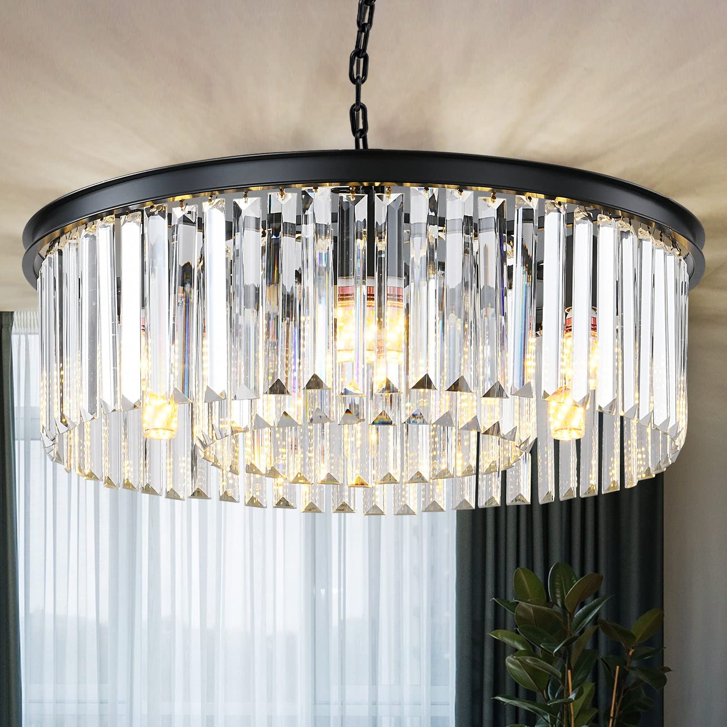 Laiuetai Black Modern Crystal Chandelier  2-Tier Round Flush Mount Ceiling Light Fixtures Height Adjustable Pendant Lighting For Dining Room Living Room Bedroom Kitchen Hotel Foyer