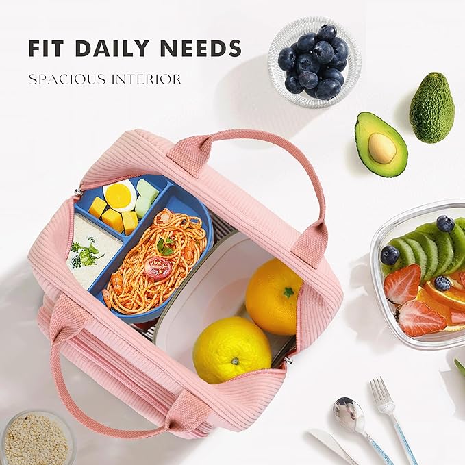 HOMESPON Lunch Bag for Women Men Adults with Front Pocket Cute Corduroy Insulated Lunch Tote Large Capacity Lunch Box Cooler Container for Work Picnic or Travel (Pink)