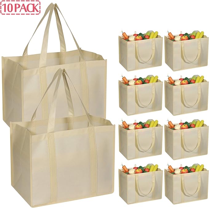 DIOMMELL 10 Pack Reusable Grocery Bags Extra Large Super Strong Heavy Duty Shopping Tote Bags with Reinforced Handles, Beige