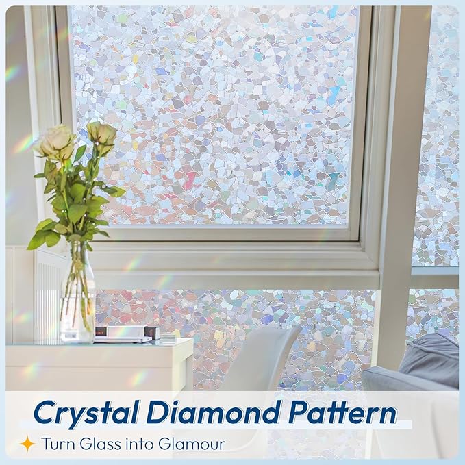 rabbitgoo Rainbow Window Privacy Film Decorative Stained Glass Diamond Pattern Window Sticker with Iridescent Tint Non-Adhesive Static Cling for Home Office Crystal Pattern, 17.5 x78.7 inch