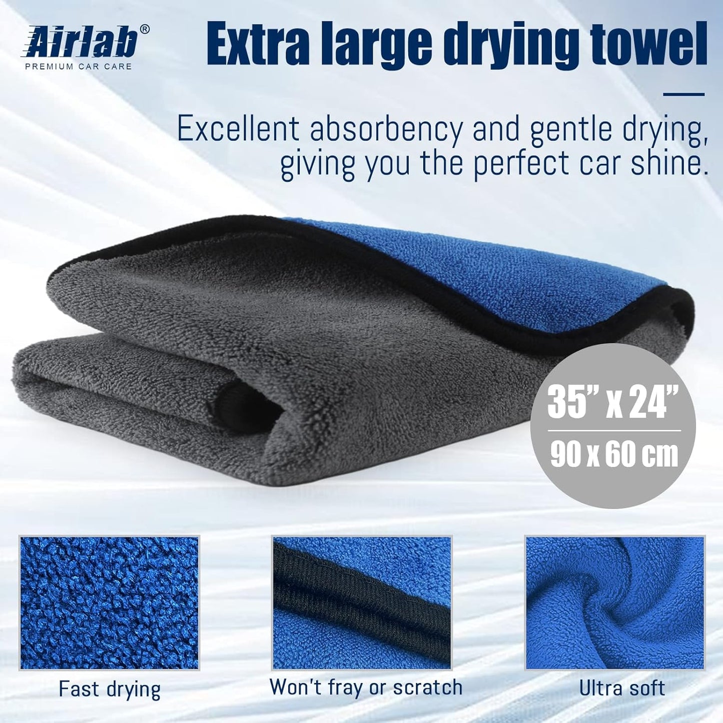 Airlab Microfiber Towels for Cars Wash Drying Thick Plush Cleaning Cloth Auto Detailing Super Absorbent for Interior & Exterior Lint Free, Streak Free, 35 x 24 Inch, 500 GSM, Pack of 1