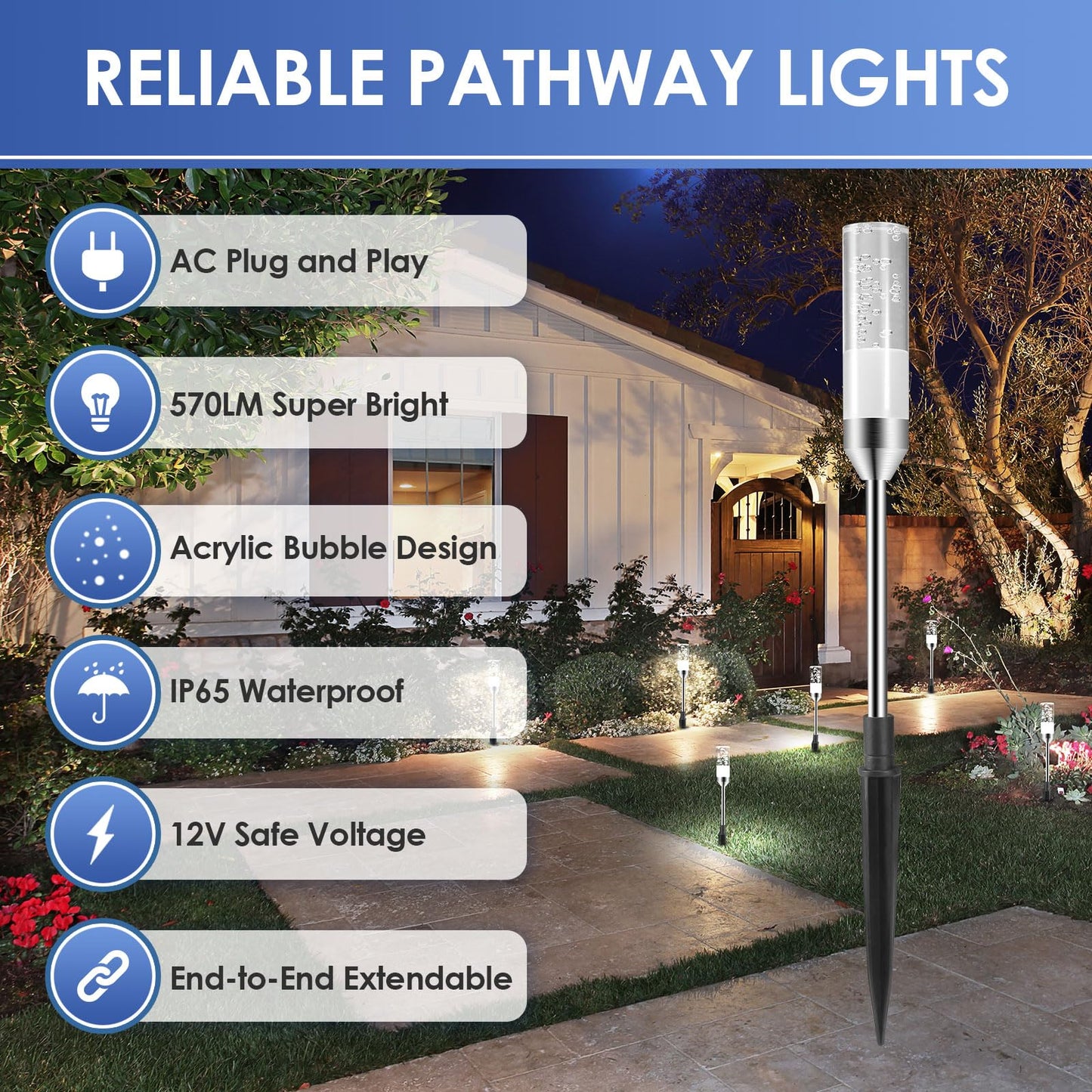 B-Right Outdoor Pathway Lights - 6 Pcs Led Landscape Lighting, 570 Lumens, Ip65 Waterproof, Cool White 6000K, Low Voltage 12V