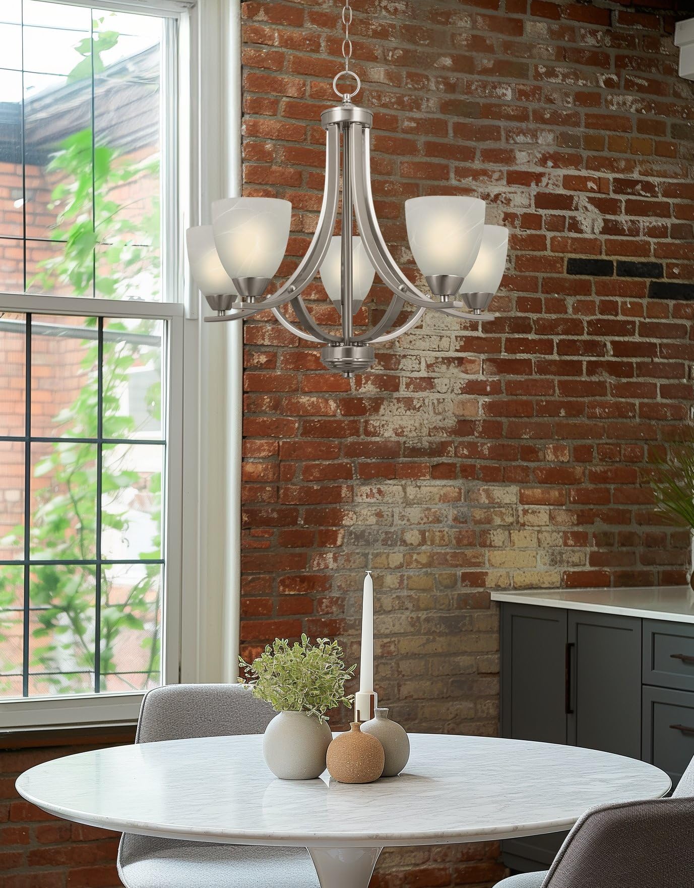 Kira Home Weston 5-Light Chandelier, Alabaster Glass Shades, Brushed Nickel Finish, Model RV-CC1185232-BN, Adjustable Chain
