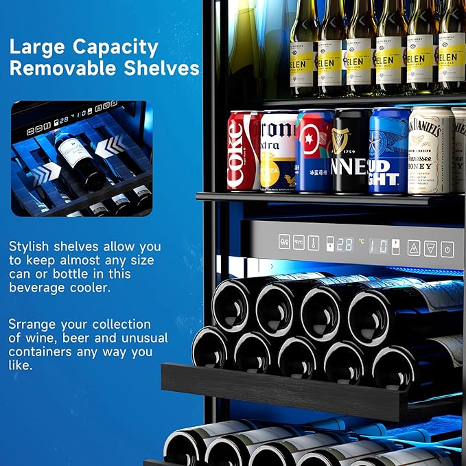 15 Inch Wine Fridge,37-65°F Digital Touchscreen Dual Zone Wine Refrigerator for Built-In or Freestanding, Wine Cooler with Removable Shelves