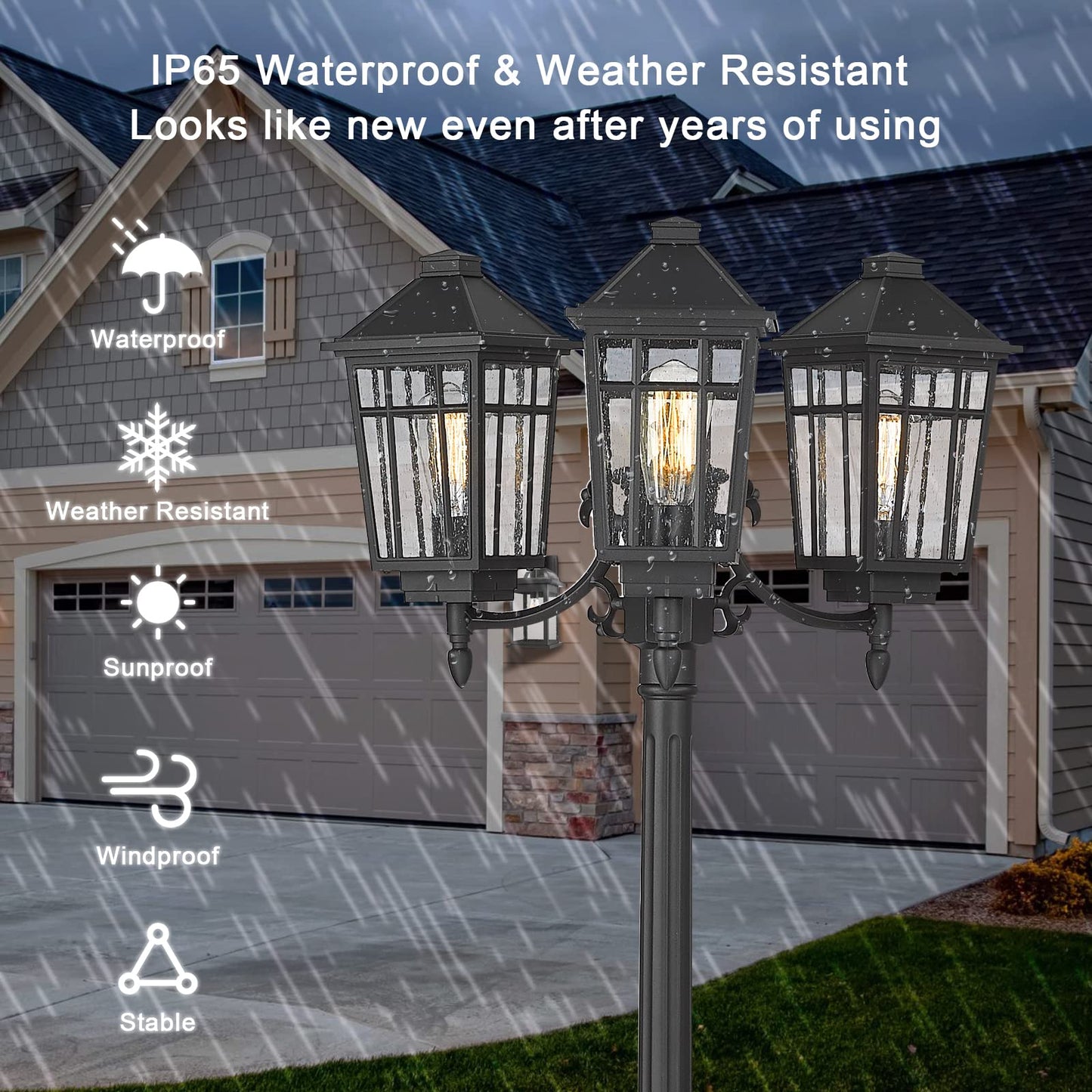Darkaway Outdoor Post Light 3-Head Outdoor Street Light Pole Lamp Posts Road Lighting Waterproof Aluminum With Glass Outside Lighting Fixture For Backyard Garden Patio Pathway