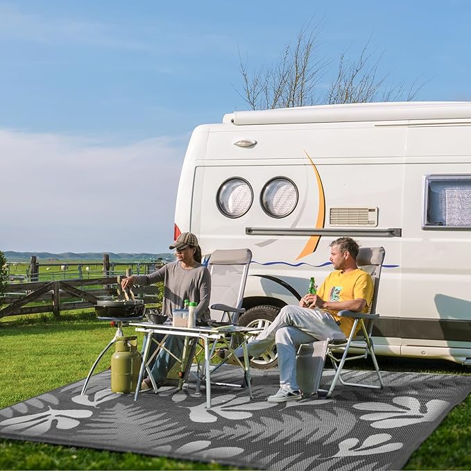 wikiwiki Outdoor Rug, 9x12ft Waterproof Reversible Mat Indoor Outdoor Rugs Carpet, Small Area Rug Plastic Straw Rug for Patio Deck Balcony Pool RV Camping Beach Picnic, Grey Leaves, Rugscape Series