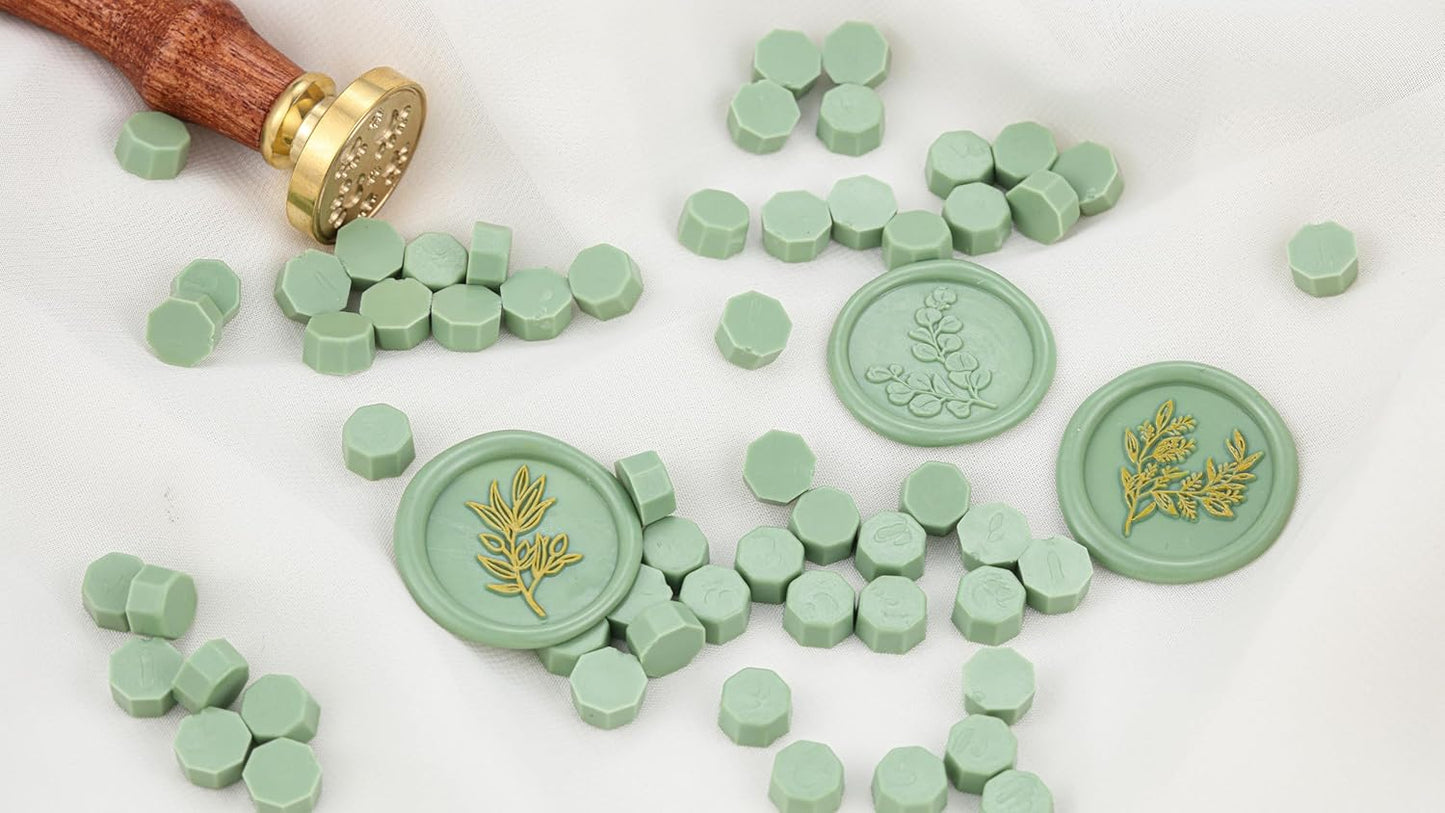 Yoption 360Pcs Sage Green Sealing Wax Beads, Sealing Wax Kit for Wax Seal Stamp, Hexagon Wax Seal Beads with 4Pcs Tea Candles and 2 Wax Seal Spoon