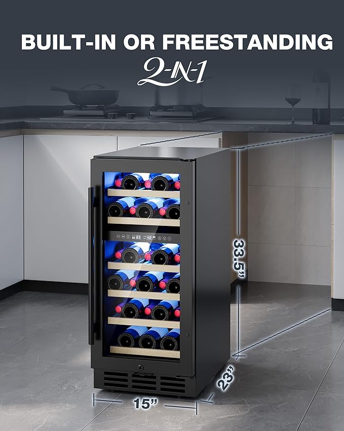 15 Inch Dual Zone Wine Refrigerator, 29 Bottle Under Counter Wine Fridge, Wine Refrigerator for Built-In or Freestanding, Wine Cooler with Removable Shelves, Double-Layer Glass Door, for Home