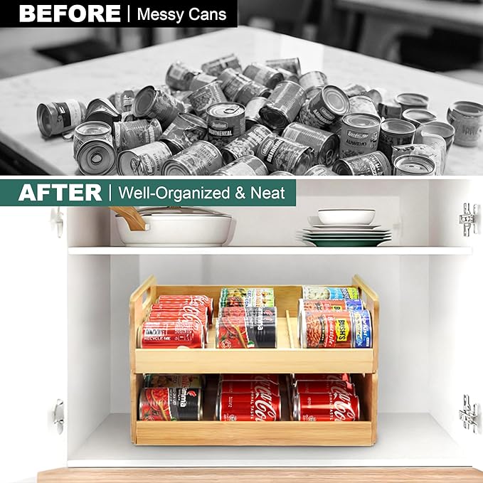 MinBoo Bamboo Can Organizer for Pantry - Stackable Can Rack for 24 Cans, Canned Food Storage, Pantry Shelf, Kitchen Cabinet or Countertop