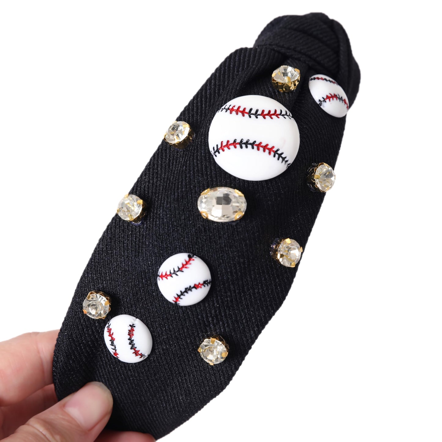 Gmmidea Baseball Headbands for Women Pearl Crystal Knotted Headband Bejeweled Baseball Charm Embellished Headband Wide Knot Spor