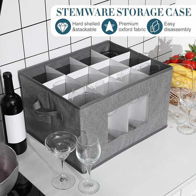 Uiifan 4 Pcs Wine Glass Storage Box with Dividers 12 Compartment Stemware Storage Cases China Container Box with Lid, Handles, PVC Window for Moving, Gray