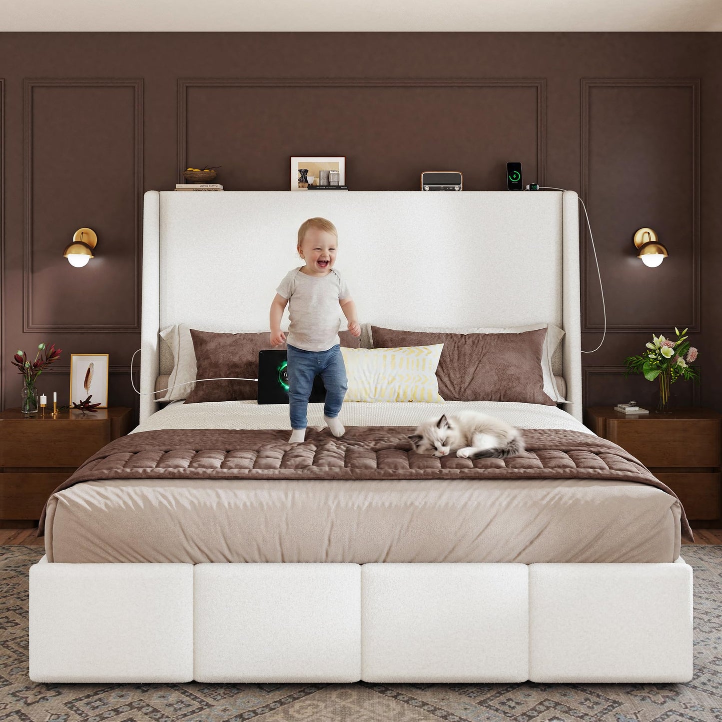 LARMACE Queen Size Bed Frame 54.2" Extra Tall Wingback Headboard, Lambswool Upholstered Platform Bed Frame with Legs Featuring Built-in Charging Ports, Wood Slats, No Box Spring Needed, White